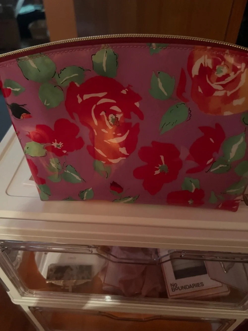 Dooney & Bourke Pink Floral Vinyl Makeup Bag with Gold Logo